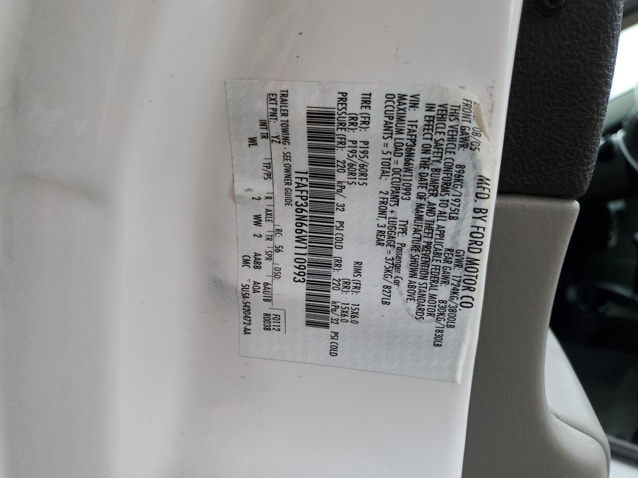 2006 Ford Focus Zxw VIN: 1FAFP36N66W110993 Lot: 80503745