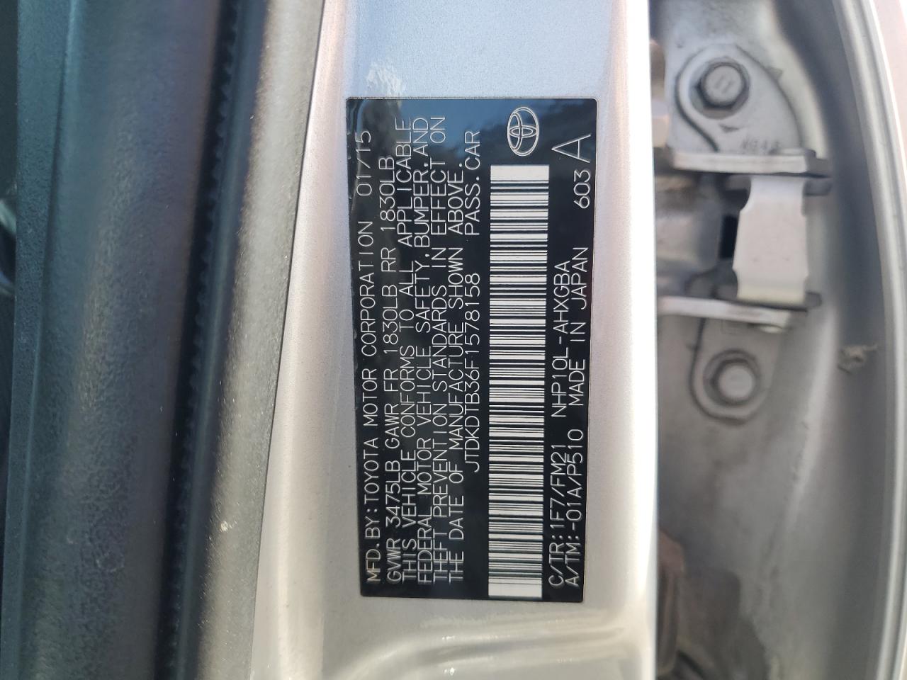 2015 Toyota Prius C VIN: JTDKDTB36F1578158 Lot: 81577465