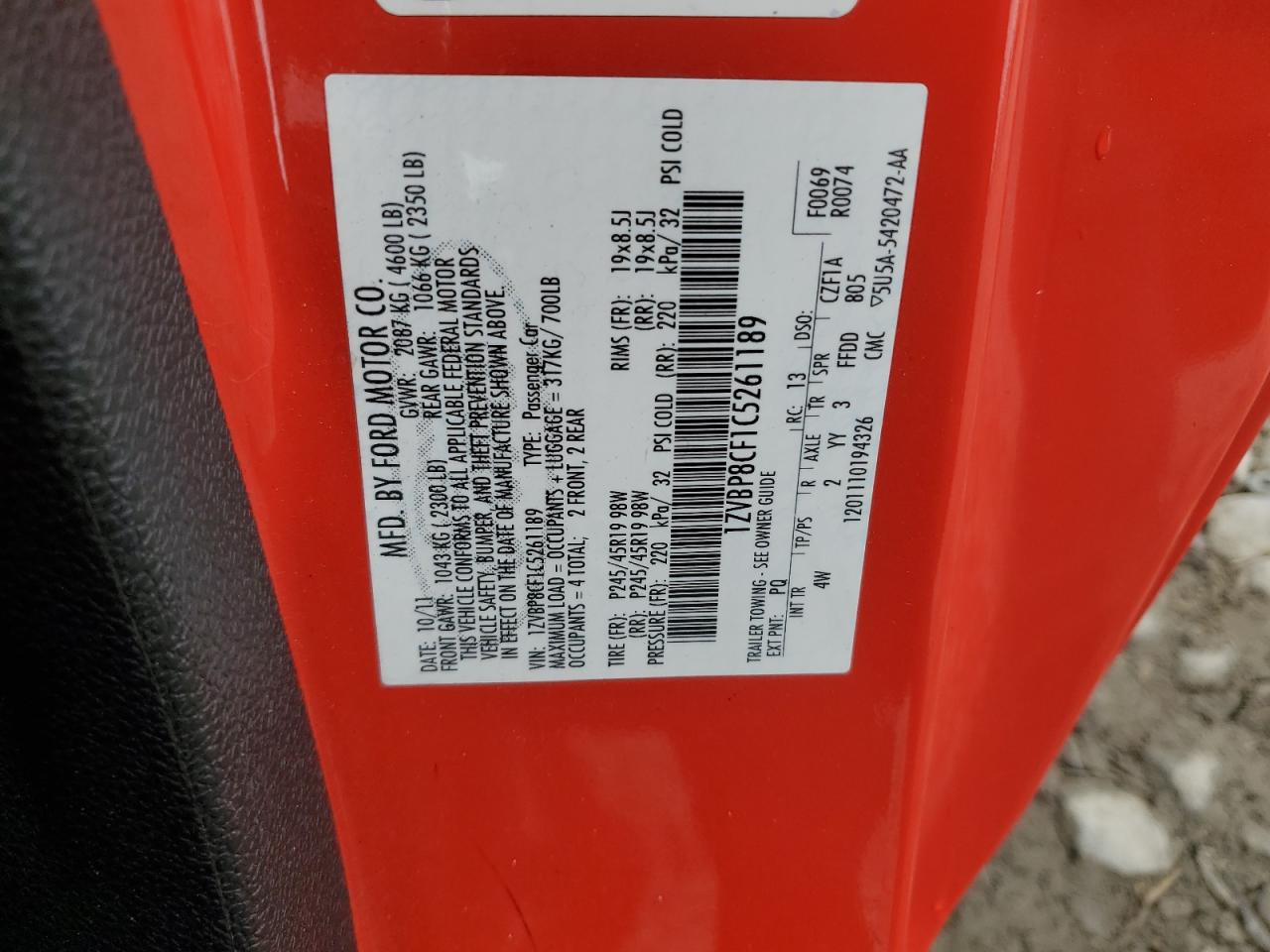 2012 Ford Mustang Gt VIN: 1ZVBP8CF1C5261189 Lot: 80436805