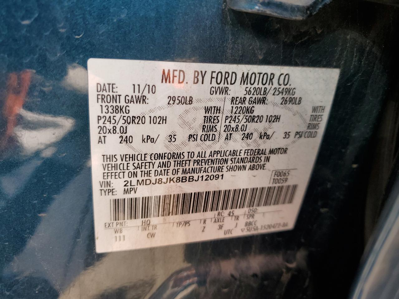 2011 Lincoln Mkx VIN: 2LMDJ8JK8BBJ12091 Lot: 81594595