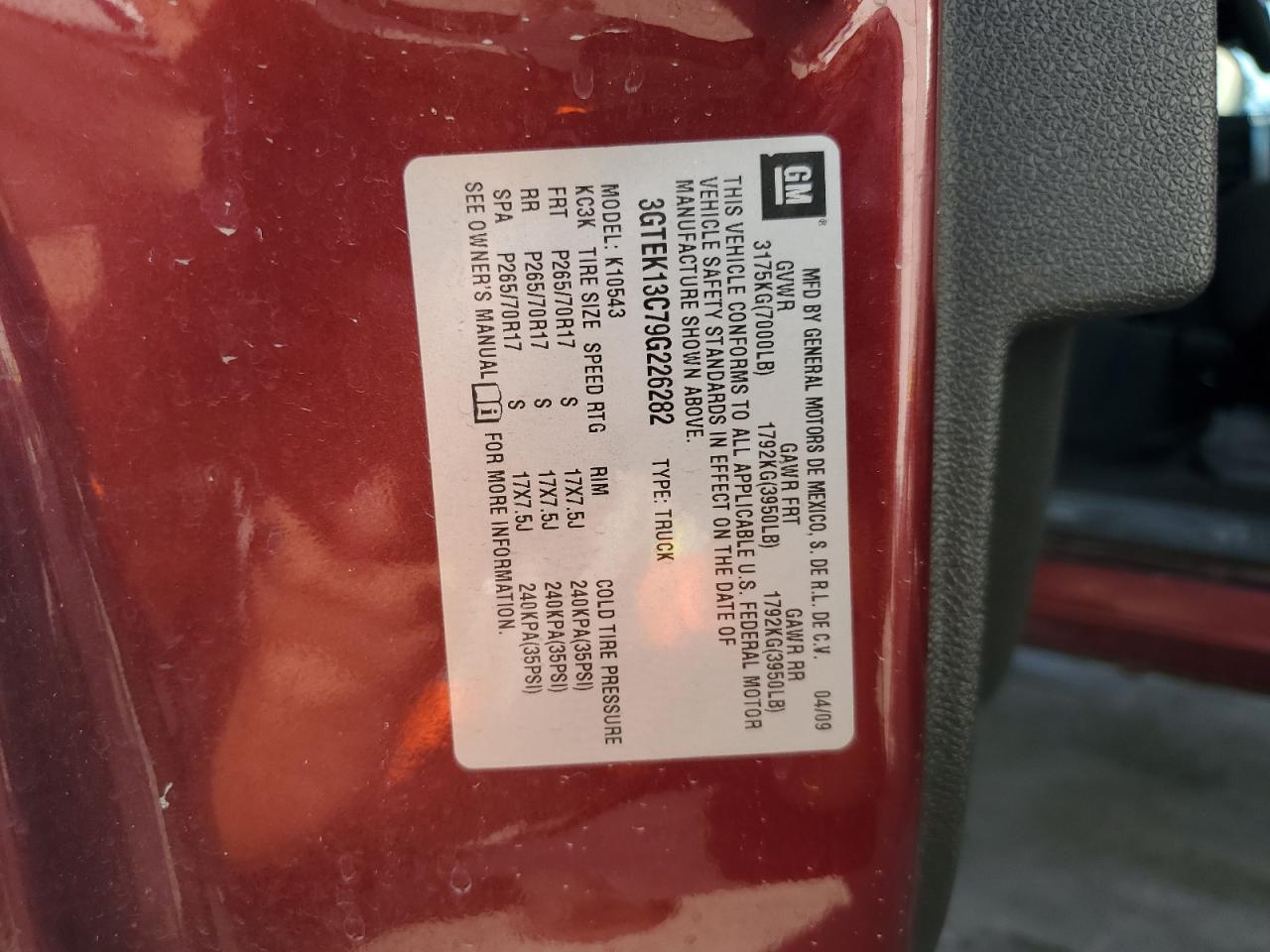 2009 GMC Sierra K1500 VIN: 3GTEK13C79G226282 Lot: 84252905