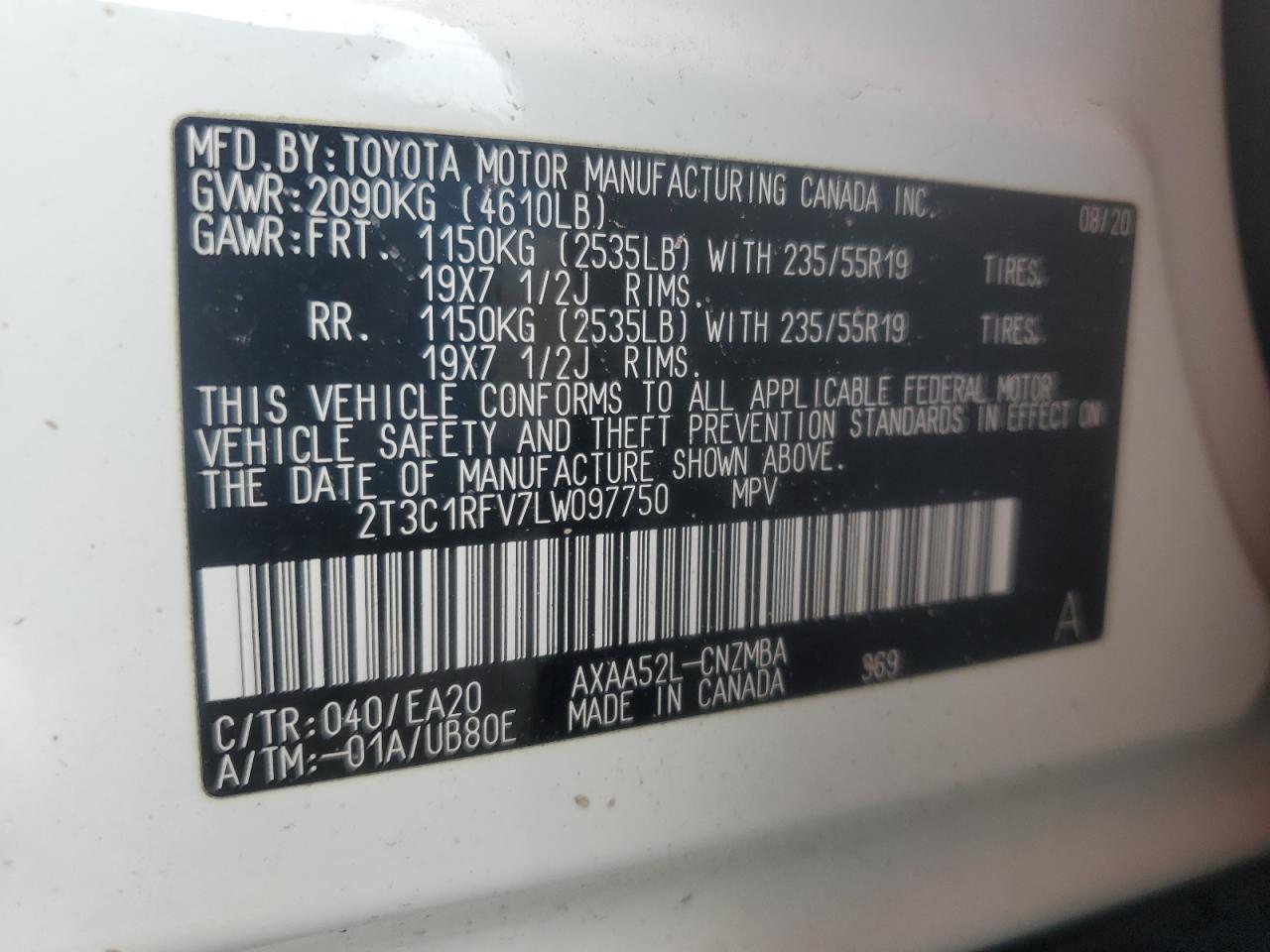 2020 Toyota Rav4 Xle Premium VIN: 2T3C1RFV7LW097750 Lot: 83945065