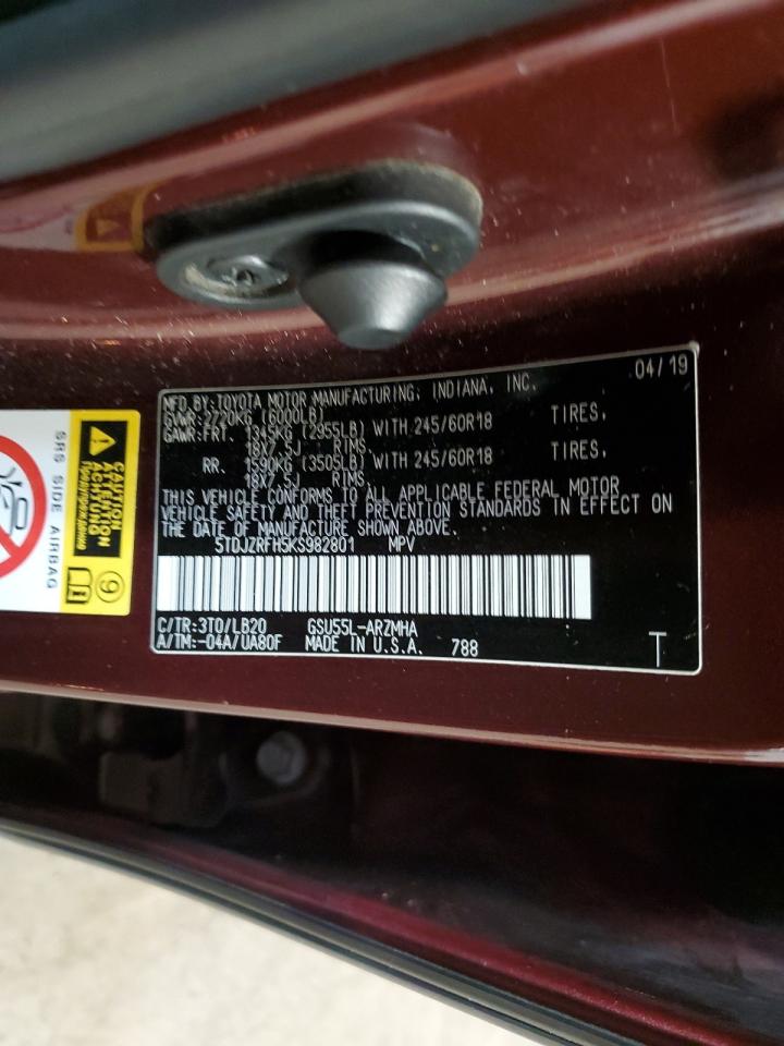 2019 Toyota Highlander Se VIN: 5TDJZRFH5KS982801 Lot: 80163525