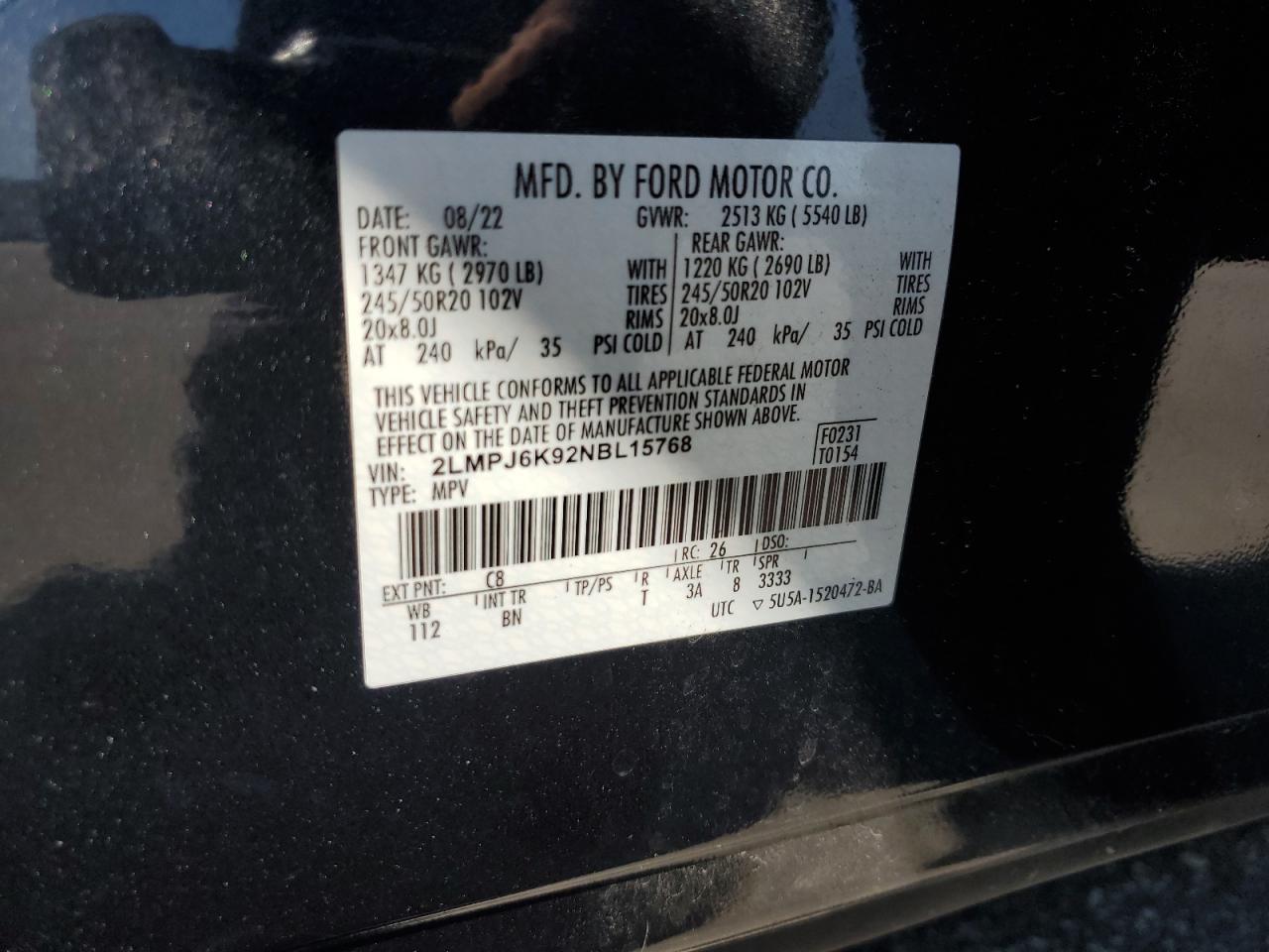 2022 Lincoln Nautilus Reserve VIN: 2LMPJ6K92NBL15768 Lot: 71785535