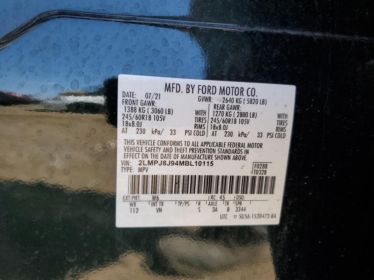 2021 Lincoln Nautilus VIN: 2LMPJ8J94MBL10115 Lot: 71099415