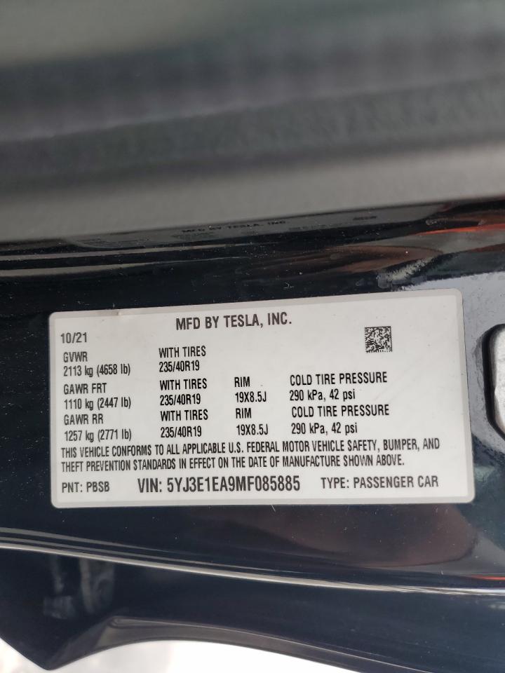 2021 Tesla Model 3 VIN: 5YJ3E1EA9MF085885 Lot: 81402185