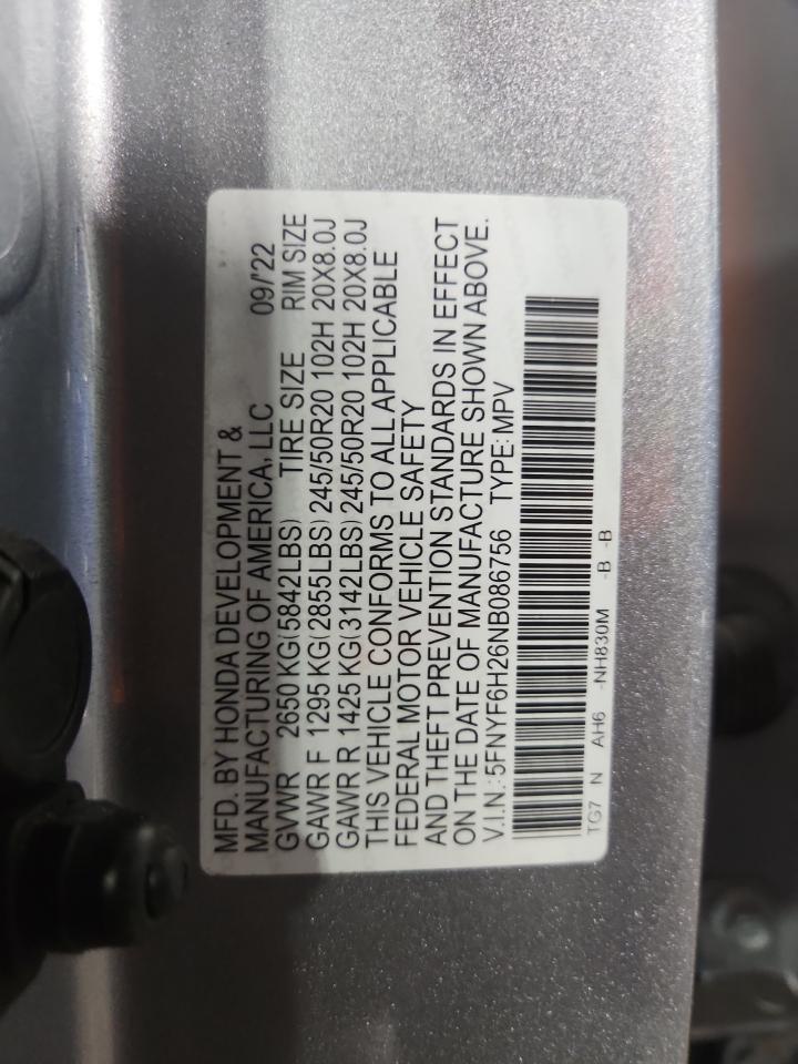 2022 Honda Pilot Se VIN: 5FNYF6H26NB086756 Lot: 80997795