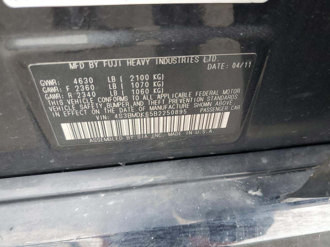 2011 Subaru Legacy 3.6R Limited VIN: 4S3BMDK65B2250895 Lot: 81549765