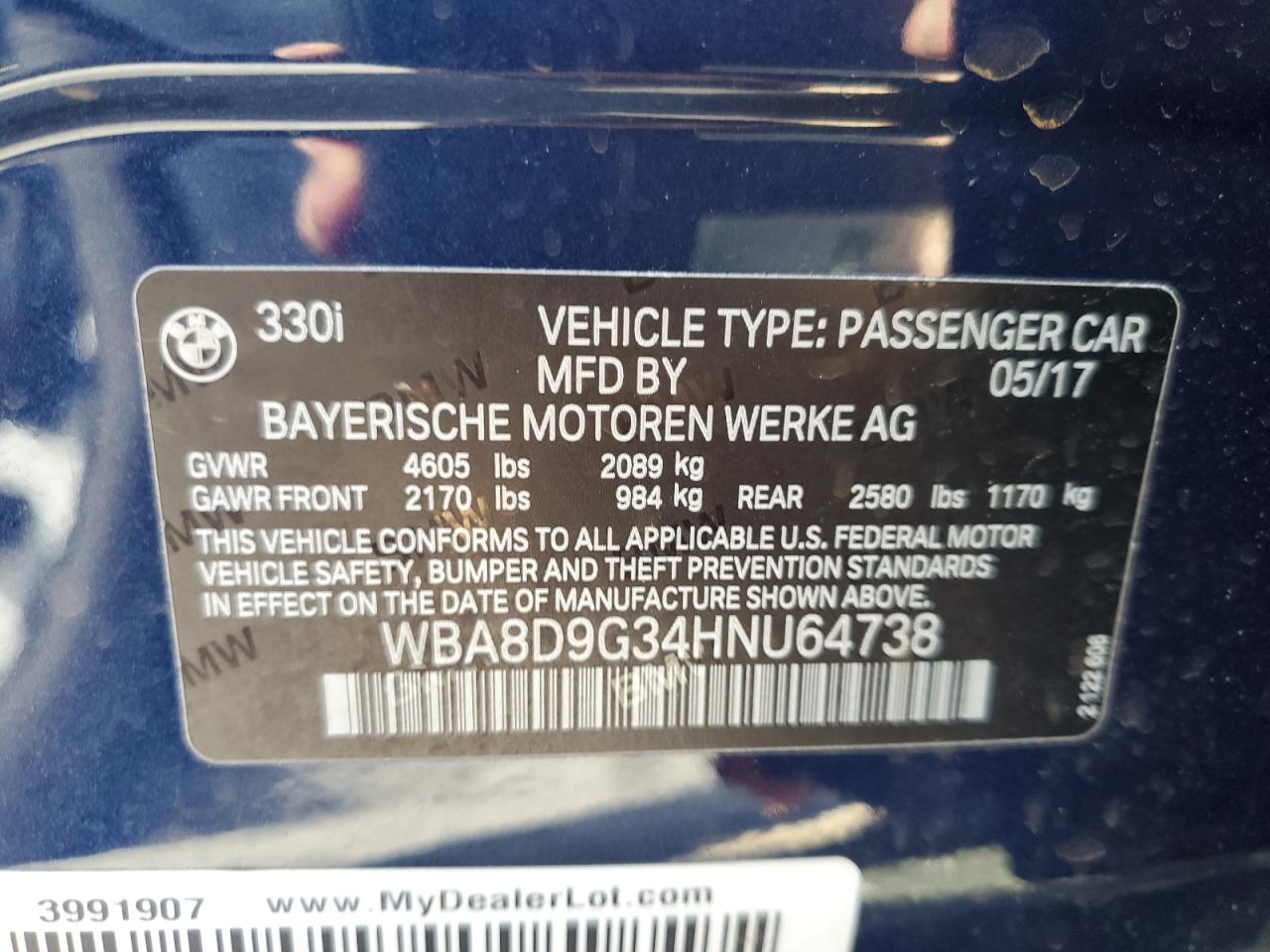 2017 BMW 330 Xi VIN: WBA8D9G34HNU64738 Lot: 83782765