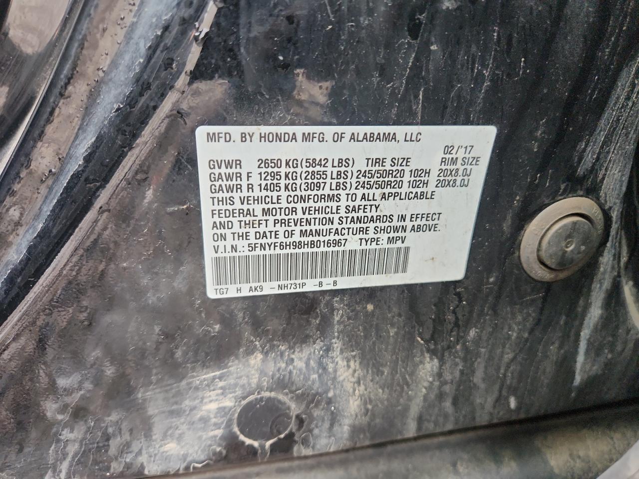2017 Honda Pilot Touring VIN: 5FNYF6H98HB016967 Lot: 81910455