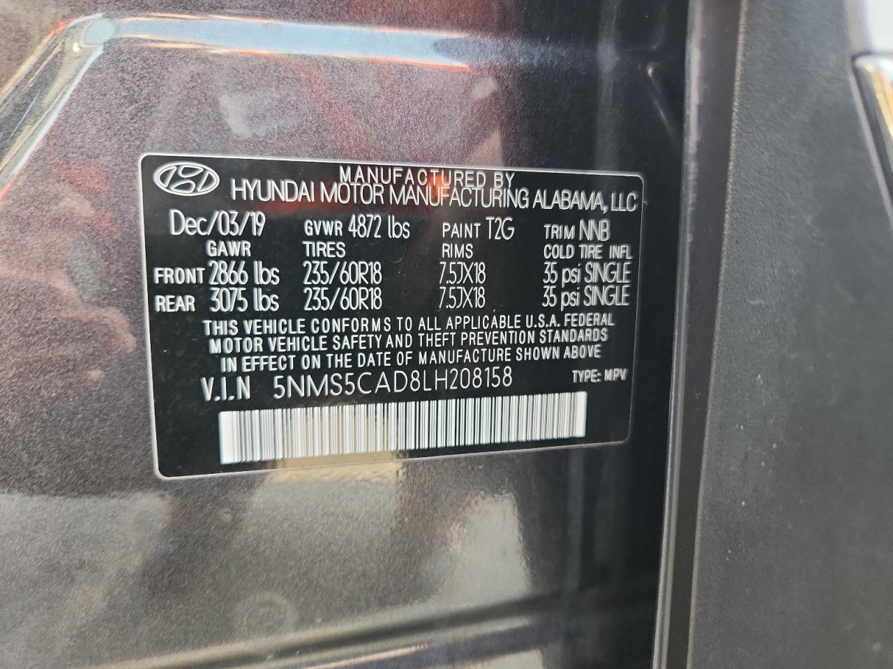 2020 Hyundai Santa Fe Limited VIN: 5NMS5CAD8LH208158 Lot: 71901125