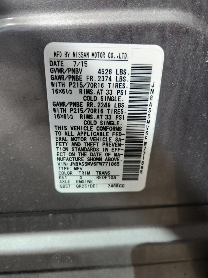 2015 Nissan Rogue Select S VIN: JN8AS5MV6FW771865 Lot: 83768635