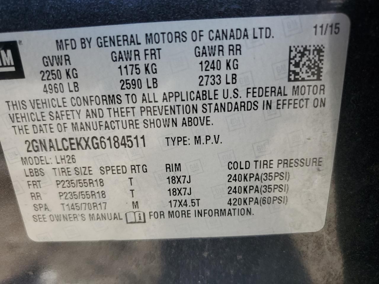 2016 Chevrolet Equinox Lt VIN: 2GNALCEKXG6184511 Lot: 80915895