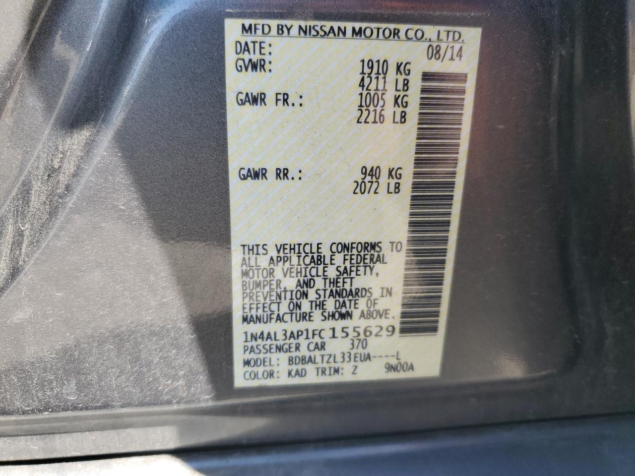 2015 Nissan Altima 2.5 VIN: 1N4AL3AP1FC155629 Lot: 71422425