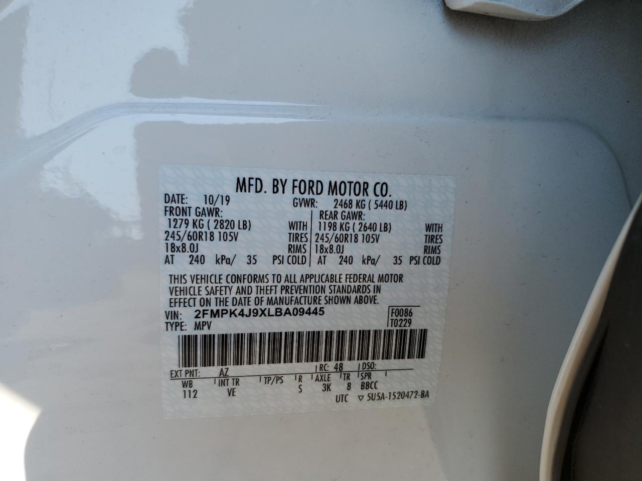 2020 Ford Edge Sel VIN: 2FMPK4J9XLBA09445 Lot: 80484455