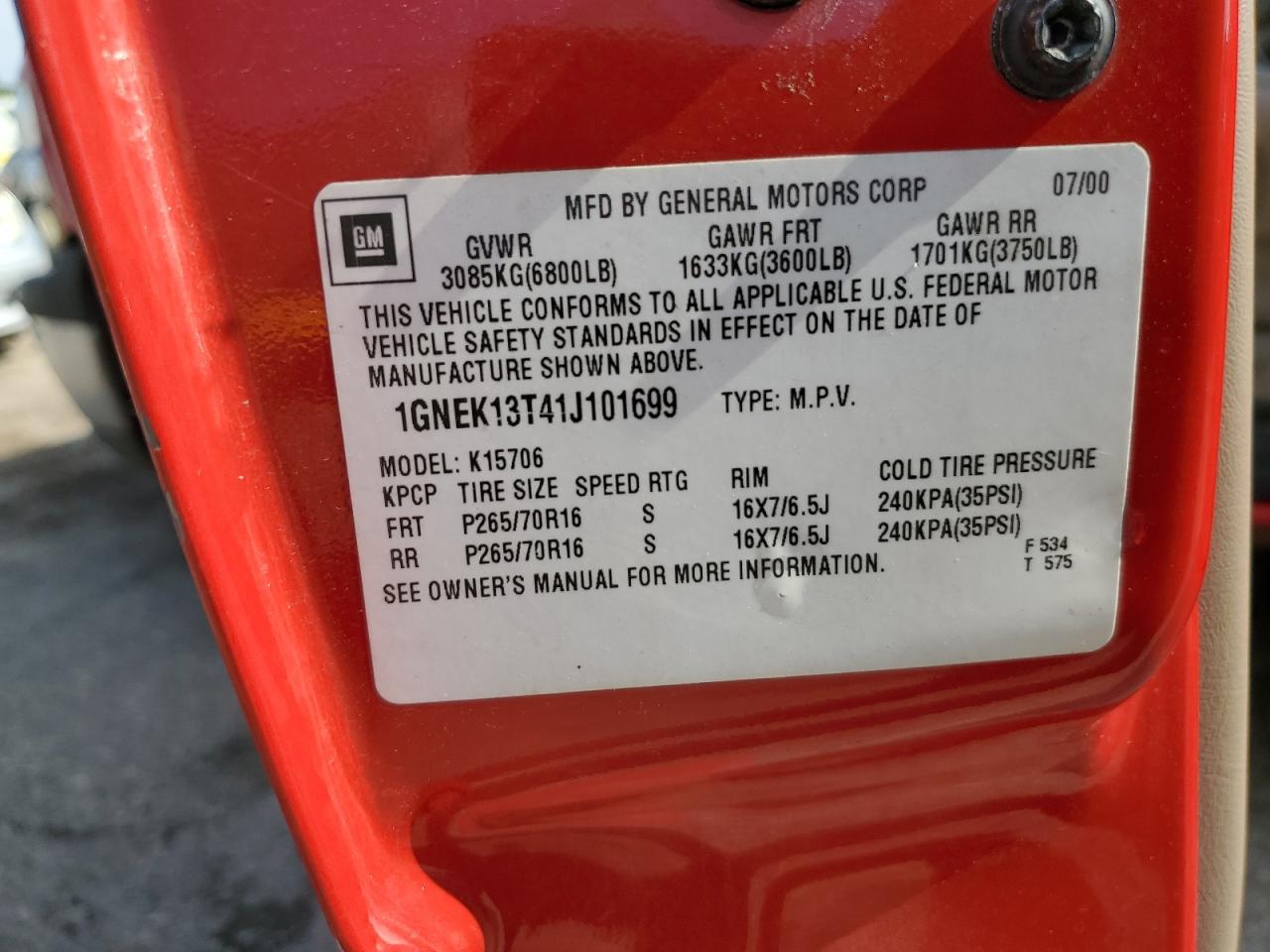 2001 Chevrolet Tahoe K1500 VIN: 1GNEK13T41J101699 Lot: 80453265