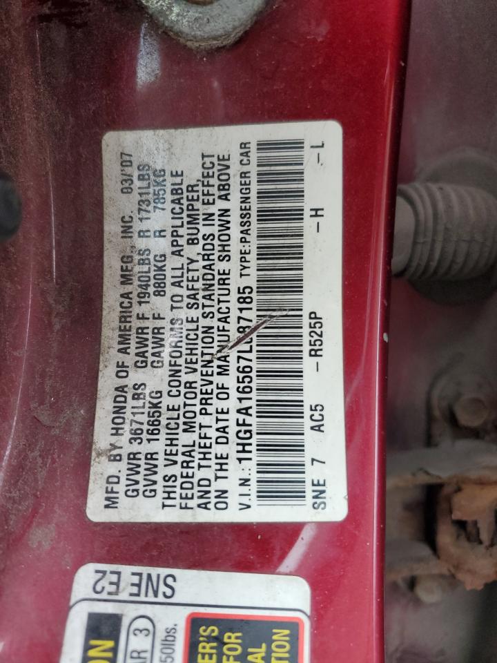 2007 Honda Civic Lx VIN: 1HGFA16567L087185 Lot: 84252845