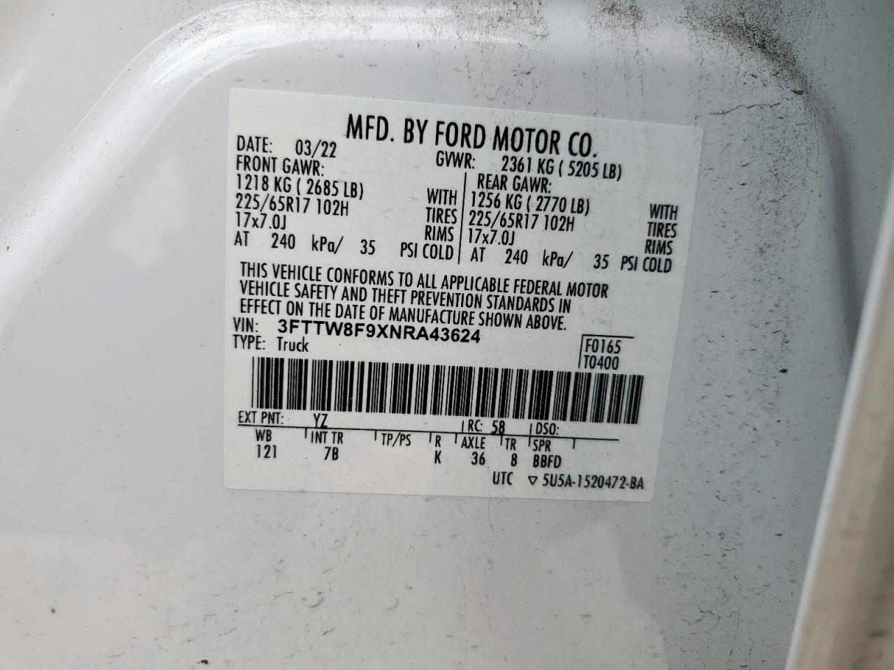 2022 Ford Maverick Xl VIN: 3FTTW8F9XNRA43624 Lot: 83763295