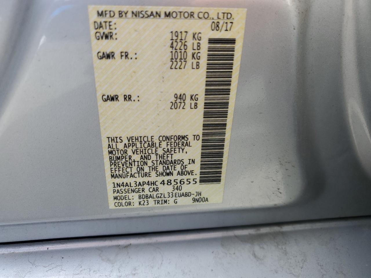 2017 Nissan Altima 2.5 VIN: 1N4AL3AP4HC485655 Lot: 82113135