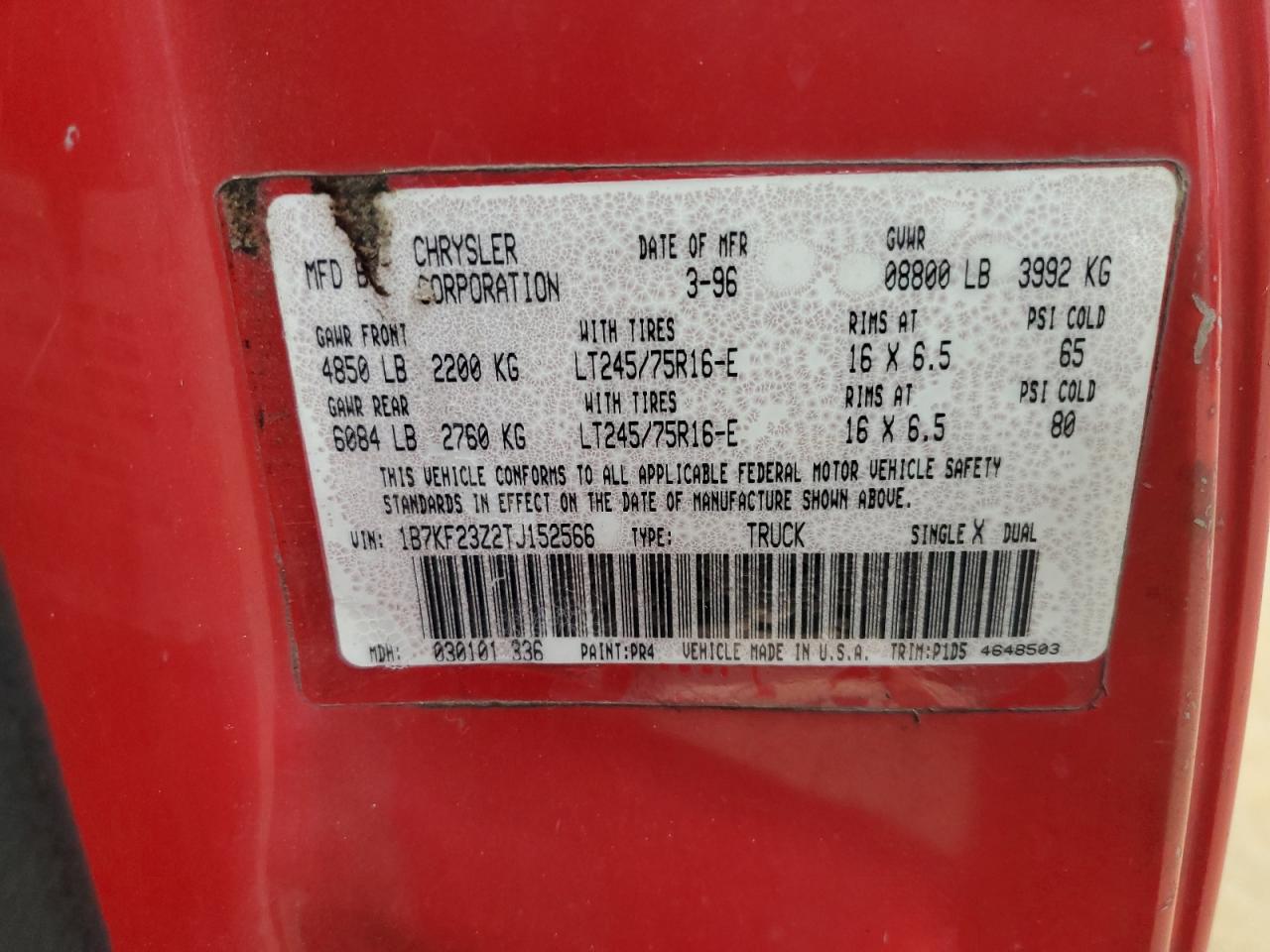 1996 Dodge Ram 2500 VIN: 1B7KF23Z2TJ152566 Lot: 80509965