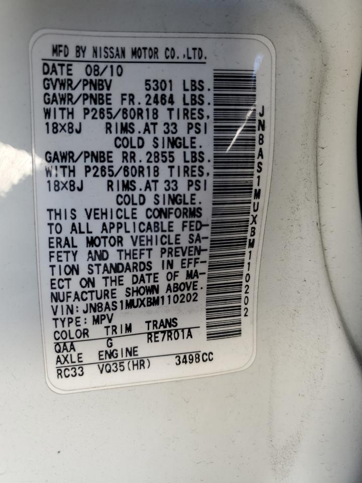 2011 Infiniti Fx35 VIN: JN8AS1MUXBM110202 Lot: 71562915