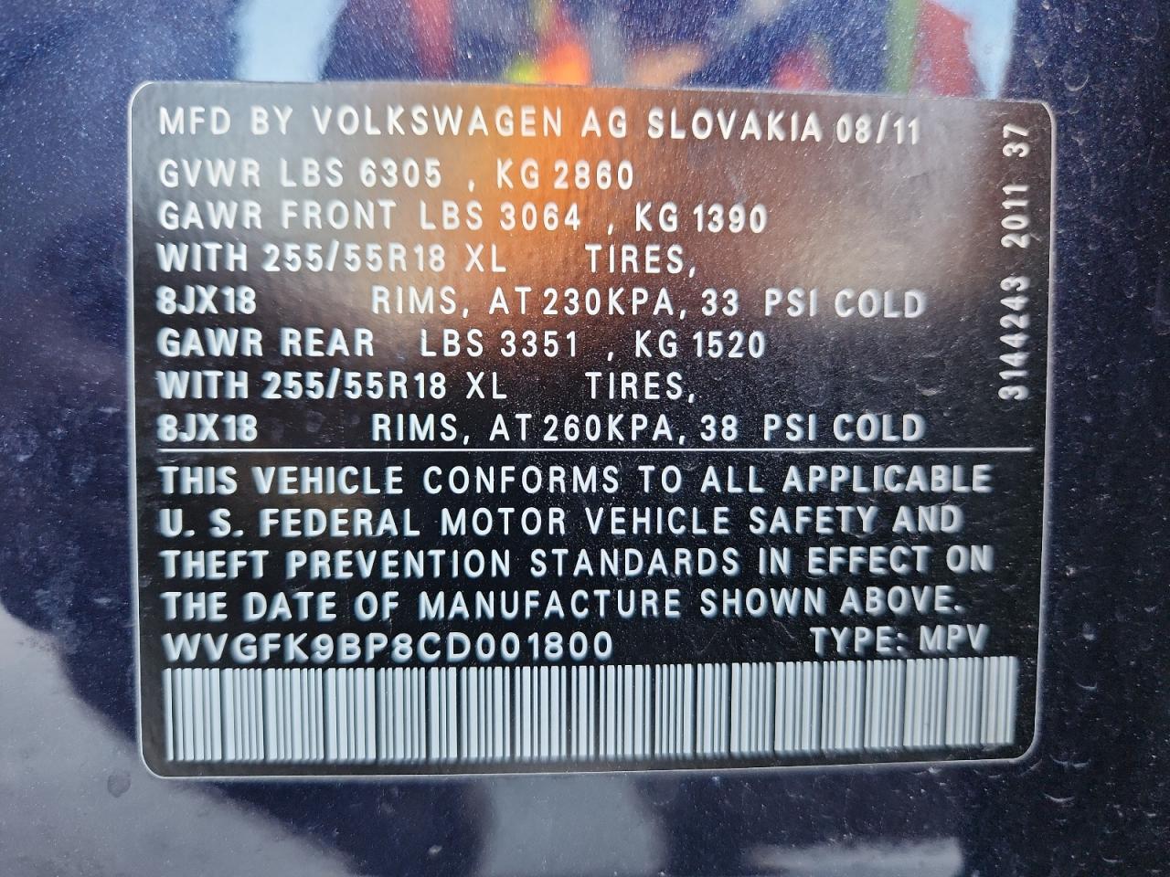 2012 Volkswagen Touareg V6 Tdi VIN: WVGFK9BP8CD001800 Lot: 81883285