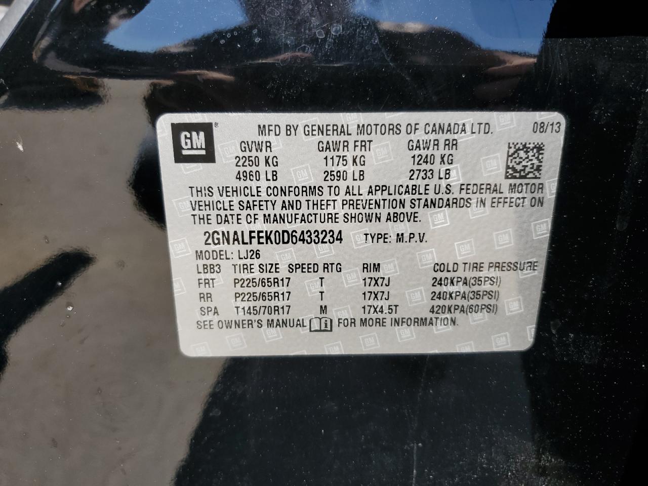 2013 Chevrolet Equinox Ltz VIN: 2GNALFEK0D6433234 Lot: 81286765