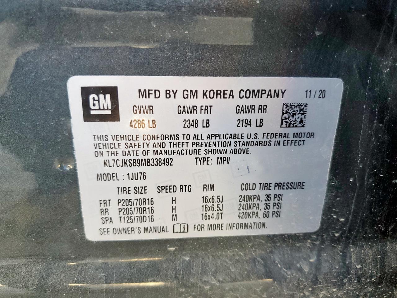 2021 Chevrolet Trax Ls VIN: KL7CJKSB9MB338492 Lot: 84201705