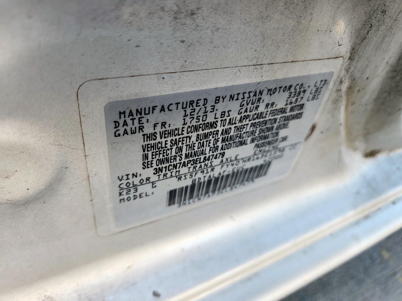 2014 Nissan Versa S VIN: 3N1CN7AP3EL847479 Lot: 71511325