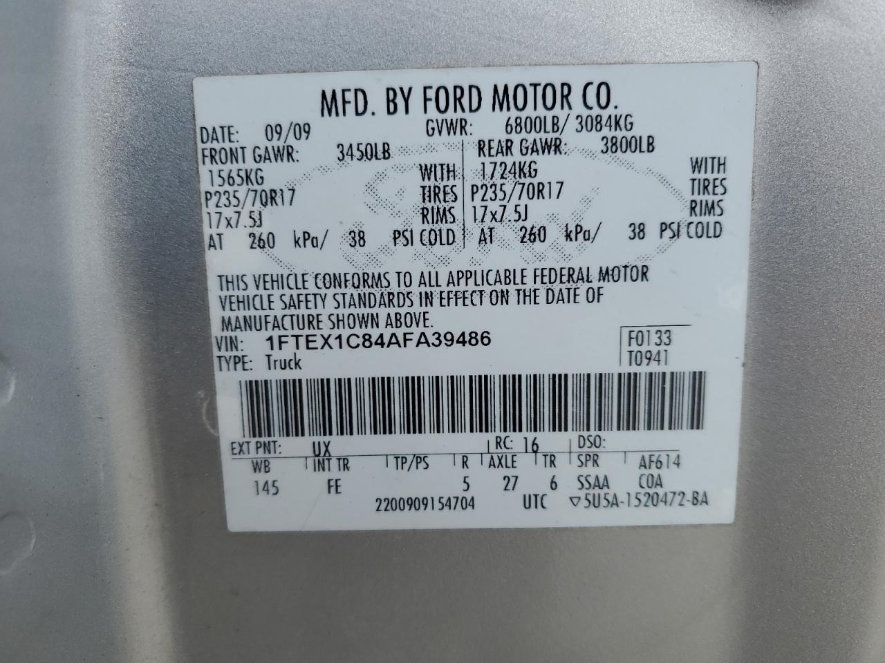 2010 Ford F150 Super Cab VIN: 1FTEX1C84AFA39486 Lot: 83778915