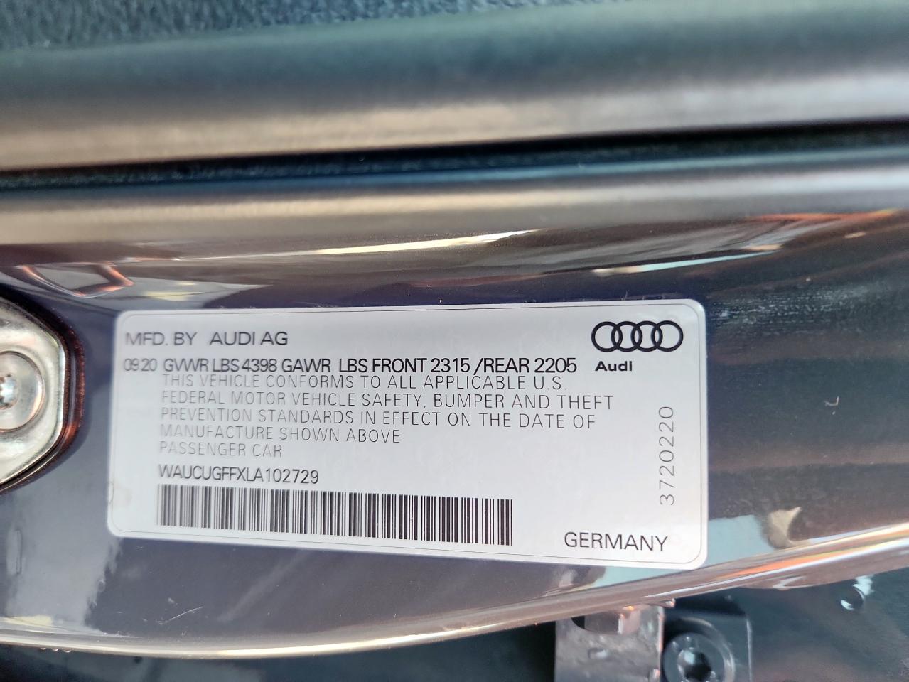 2020 Audi A3 Premium Plus VIN: WAUCUGFFXLA102729 Lot: 84432915