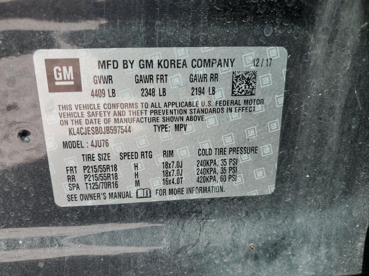 2018 Buick Encore Preferred VIN: KL4CJESB0JB597544 Lot: 84402645