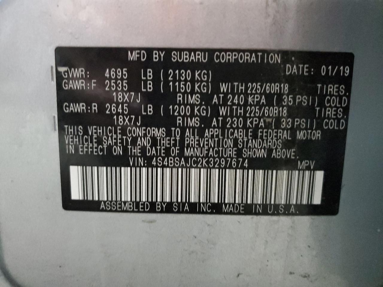2019 Subaru Outback 2.5I Limited VIN: 4S4BSAJC2K3297674 Lot: 81489415