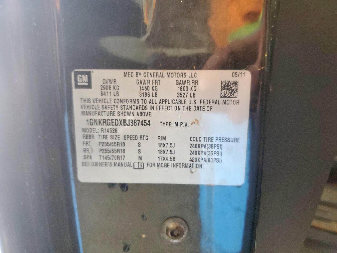 2011 Chevrolet Traverse Lt VIN: 1GNKRGEDXBJ387454 Lot: 80952185