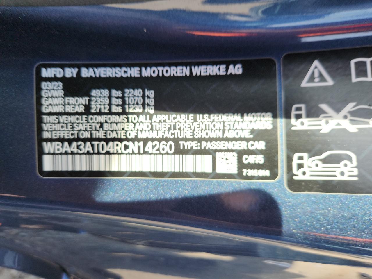 2024 BMW 430Xi VIN: WBA43AT04RCN14260 Lot: 84372265