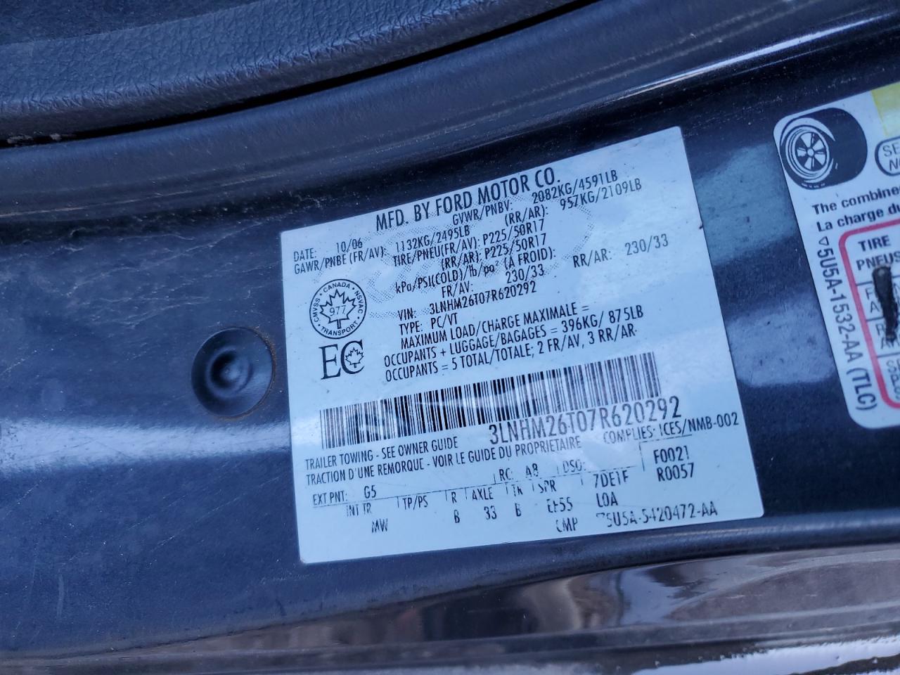 2007 Lincoln Mkz VIN: 3LNHM26T07R620292 Lot: 81853915