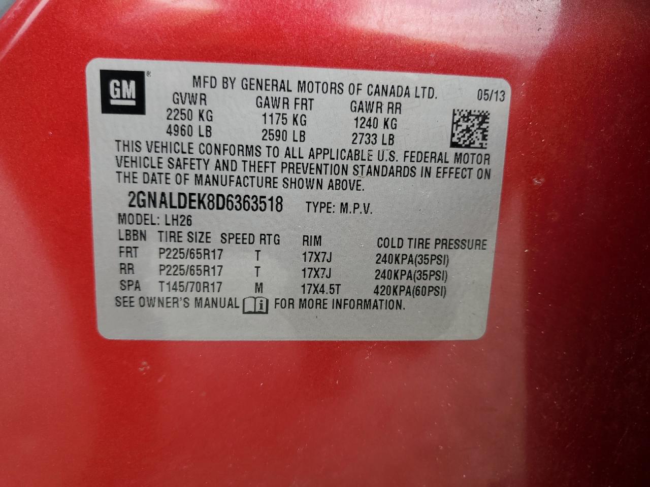 2013 Chevrolet Equinox Lt VIN: 2GNALDEK8D6363518 Lot: 80378585