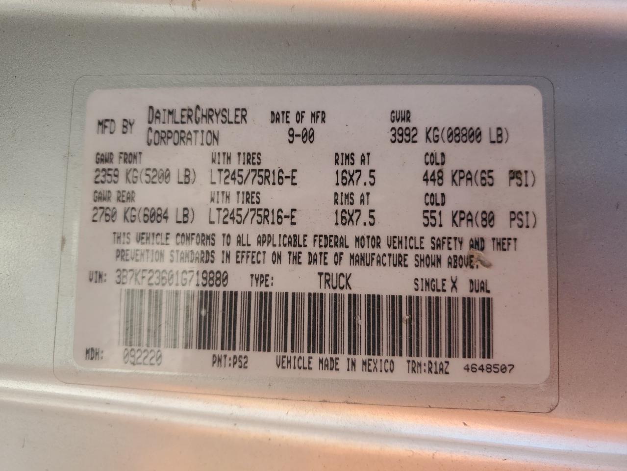 2001 Dodge Ram 2500 VIN: 3B7KF23601G719880 Lot: 71592045