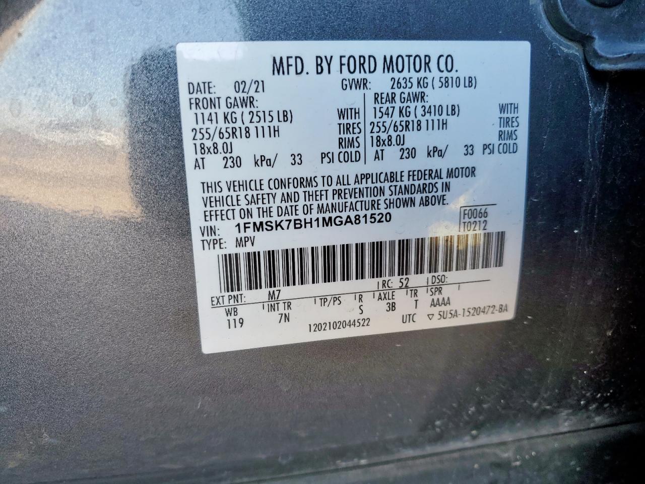 2021 Ford Explorer VIN: 1FMSK7BH1MGA81520 Lot: 83815655