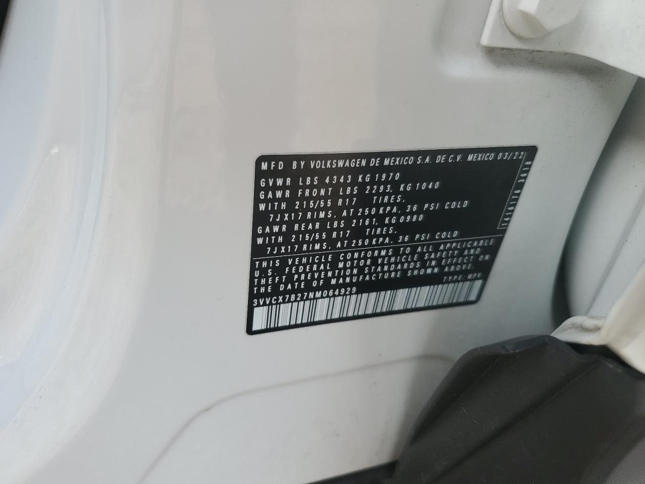 2022 Volkswagen Taos S VIN: 3VVCX7B27NM064929 Lot: 81768295