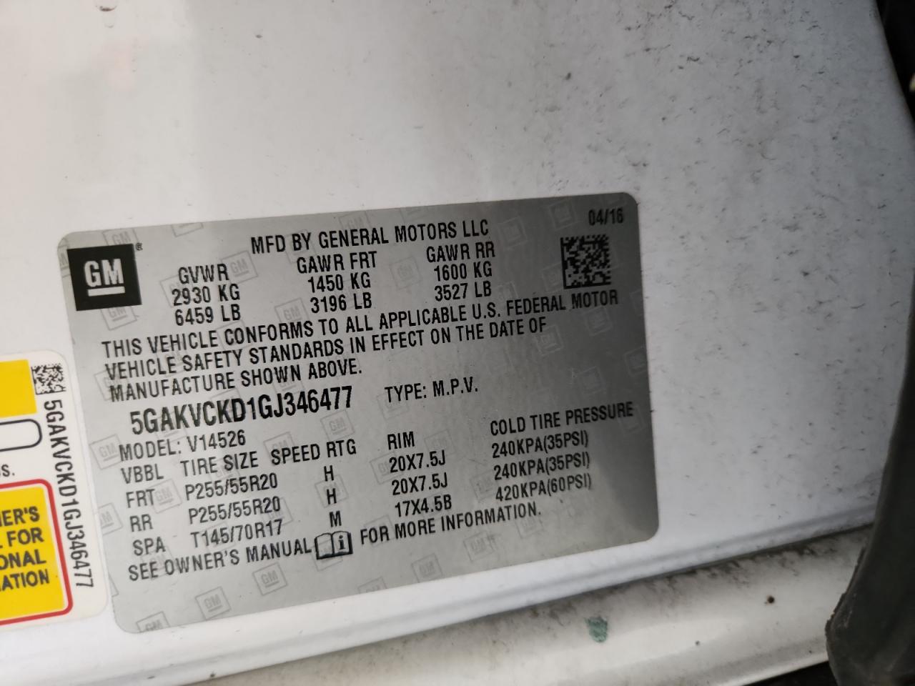 2016 Buick Enclave VIN: 5GAKVCKD1GJ346477 Lot: 71738235