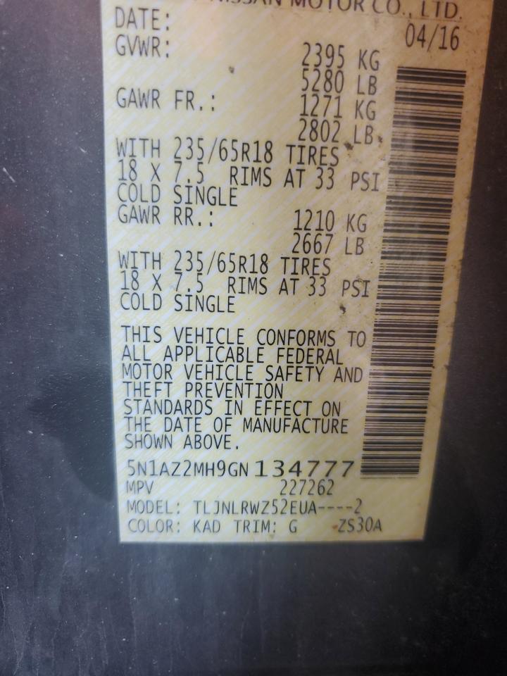 2016 Nissan Murano S VIN: 5N1AZ2MH9GN134777 Lot: 83857685