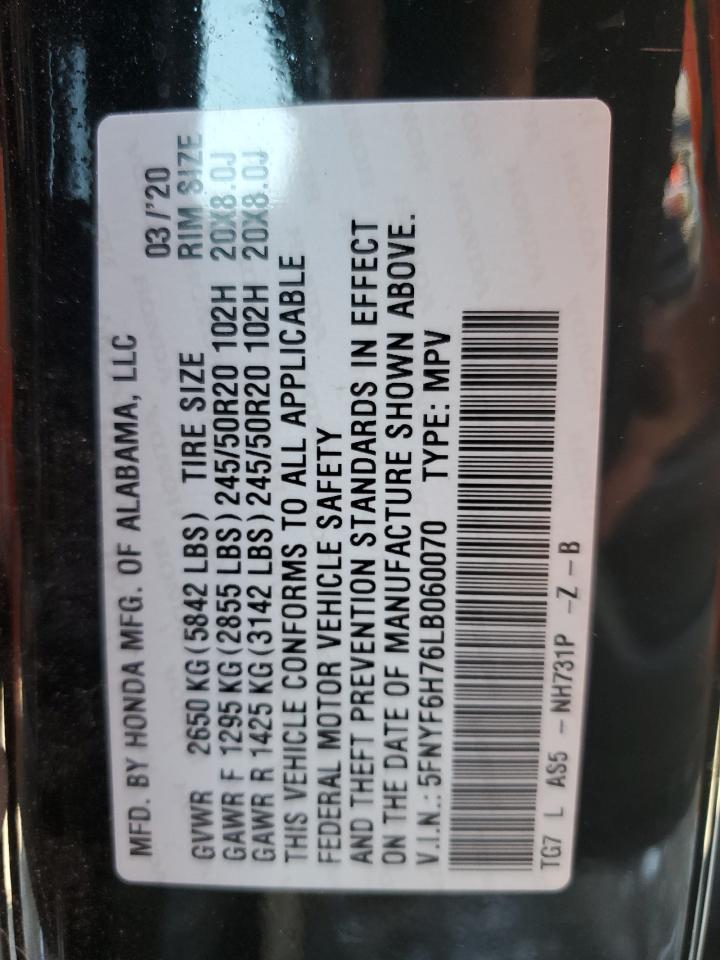 2020 Honda Pilot Black VIN: 5FNYF6H76LB060070 Lot: 80239045