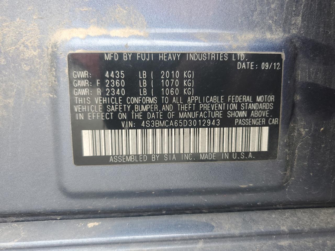 2013 Subaru Legacy 2.5I VIN: 4S3BMCA65D3012943 Lot: 81714725