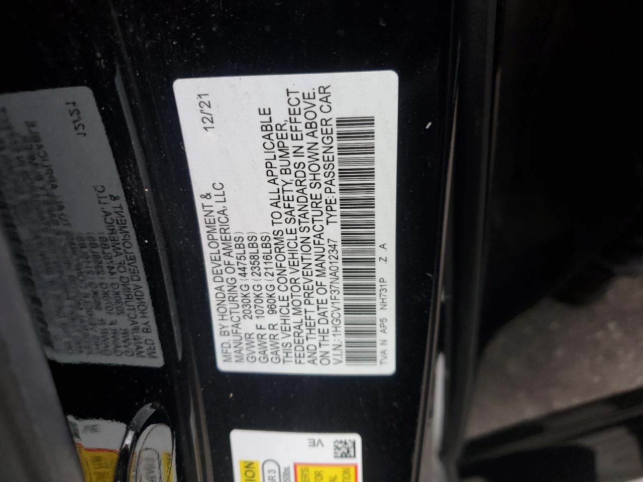 2022 Honda Accord Sport VIN: 1HGCV1F37NA012347 Lot: 81271675