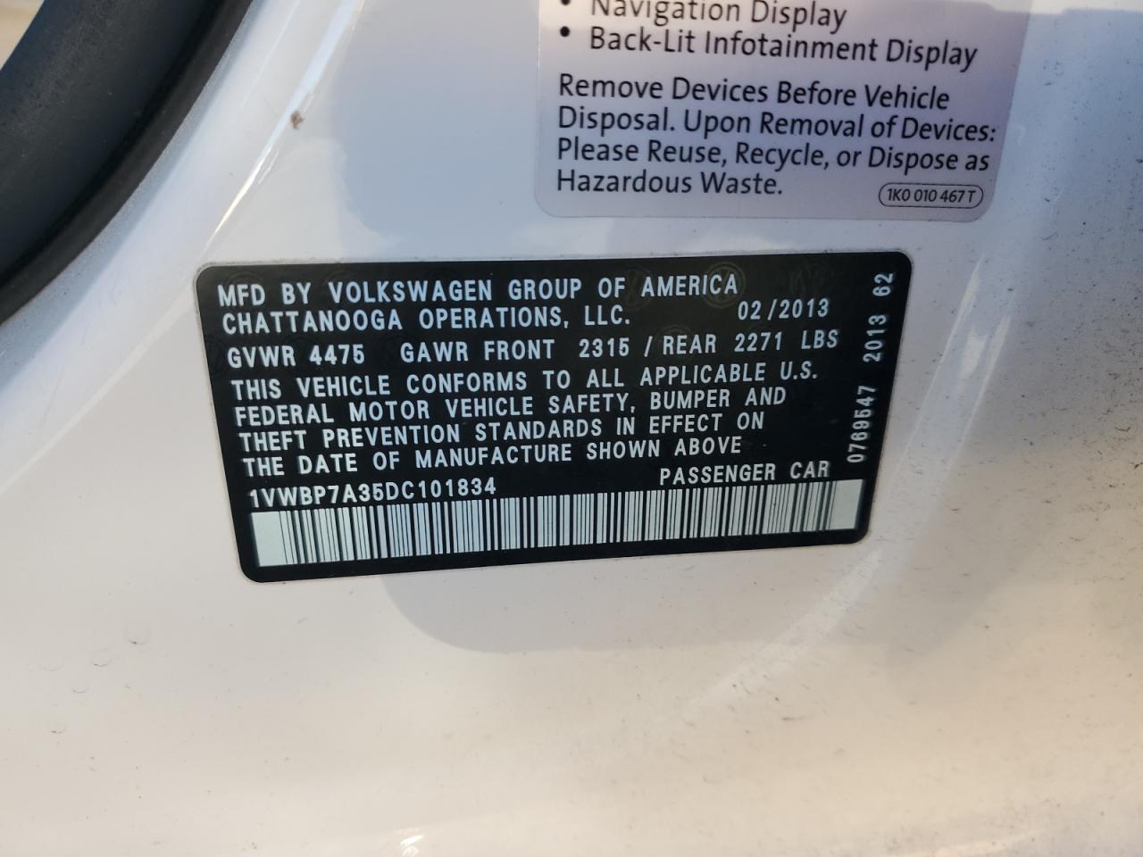 2013 Volkswagen Passat Se VIN: 1VWBP7A35DC101834 Lot: 71996895