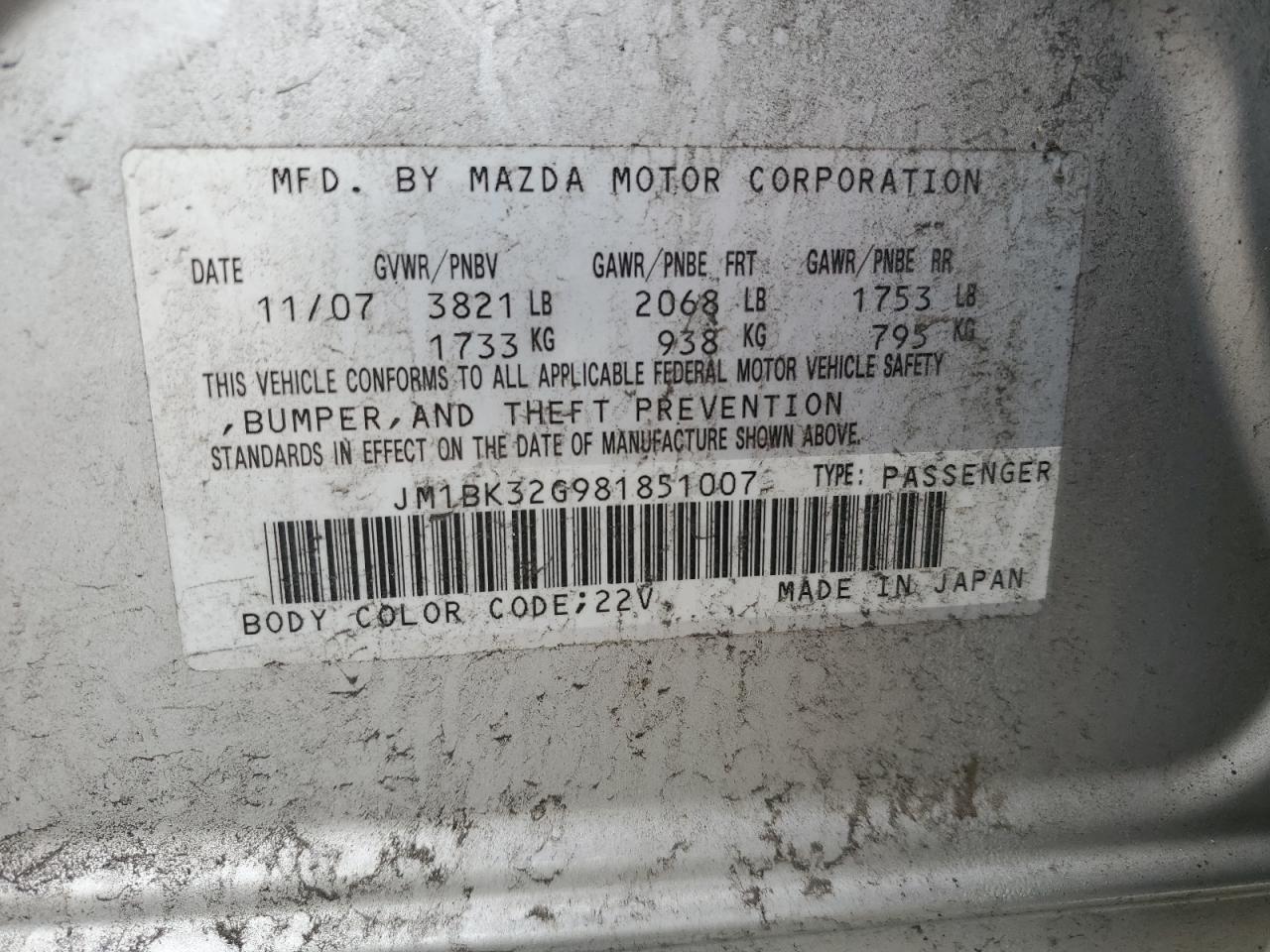 2008 Mazda 3 I VIN: JM1BK32G981851007 Lot: 80407025