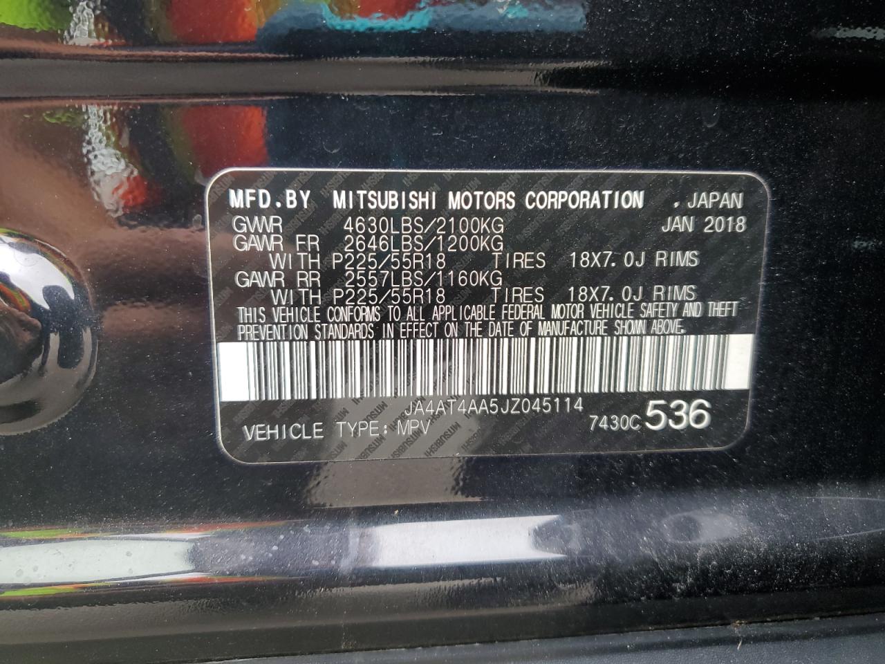 2018 Mitsubishi Eclipse Cross Le VIN: JA4AT4AA5JZ045114 Lot: 81256365