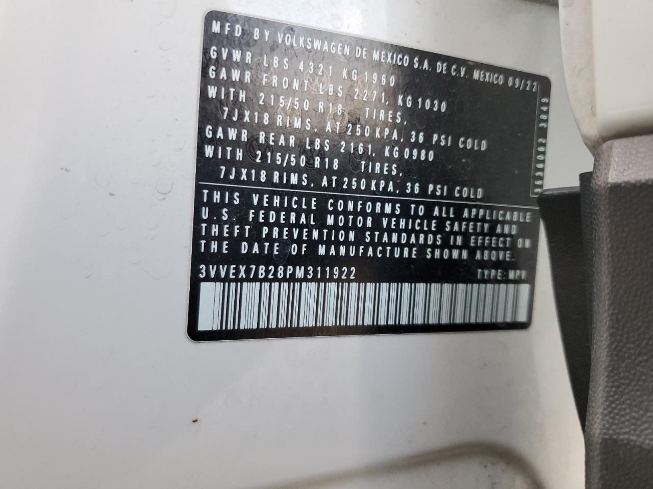 2023 Volkswagen Taos Se VIN: 3VVEX7B28PM311922 Lot: 80118005