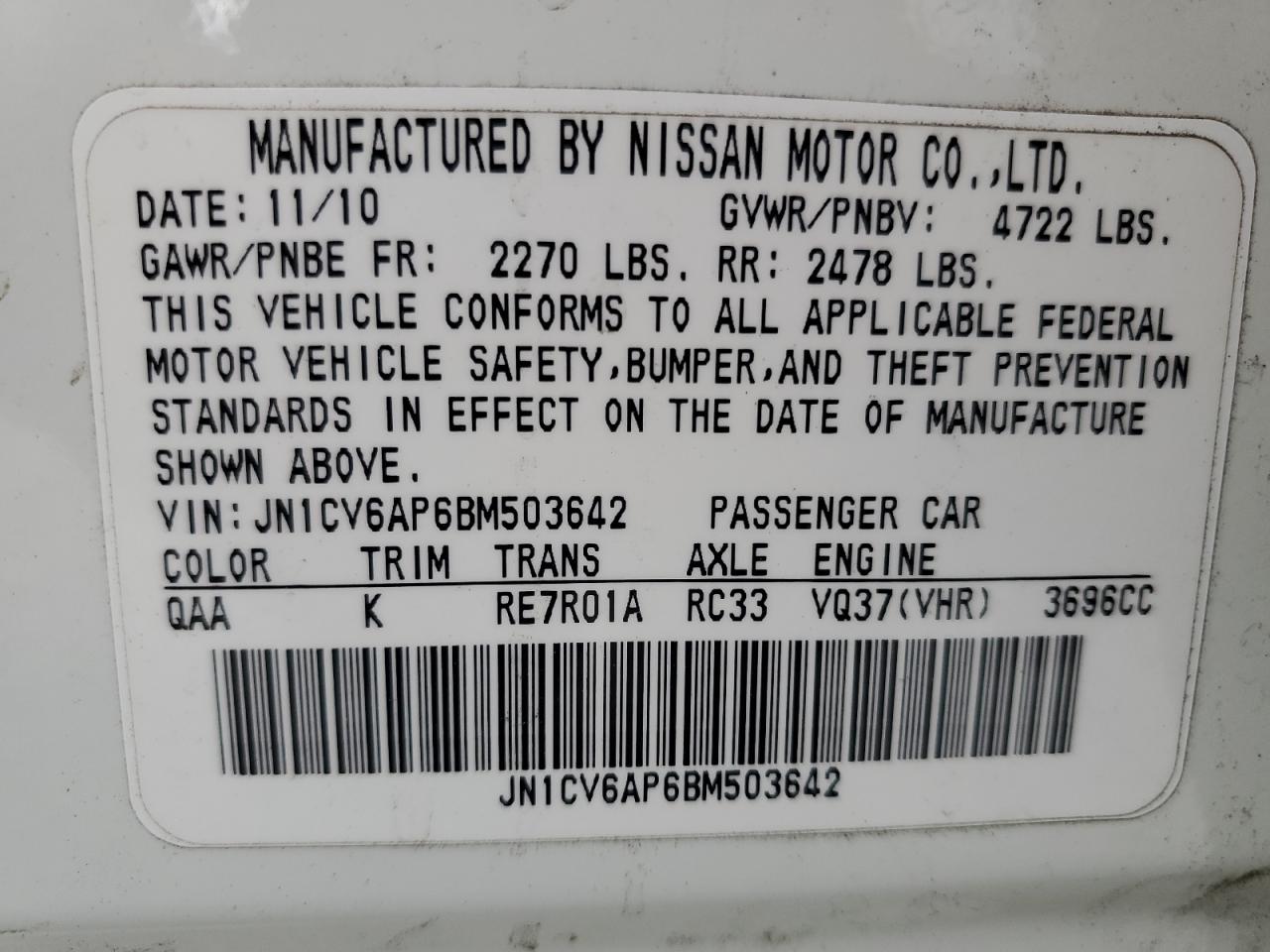 2011 Infiniti G37 Base VIN: JN1CV6AP6BM503642 Lot: 70956565